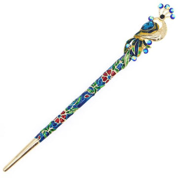 Blue Enamel Cloisonne Peacock Hair Stick with Rhinestones